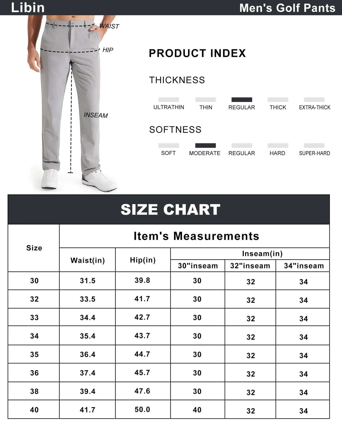 Libin Mens Golf Pants Stretch Work Dress Pants 30"/32"/34" Quick Dry Lightweight Casual Comfy Trousers with Pockets 36W x 30L White