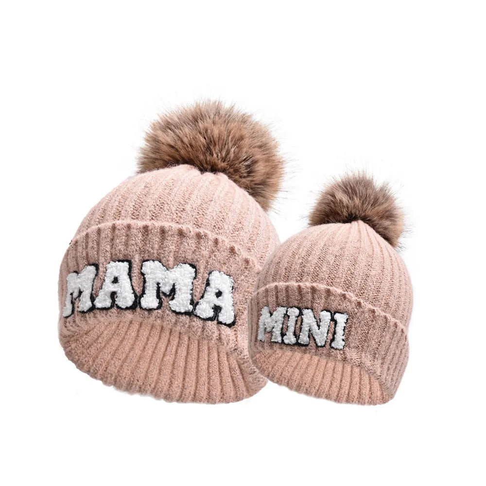 Kunyeah 3Pcs Parent-Child Beanie Hat Mama Papa Baby Matching Hats Winter Warm Cap with Pom-Pom Women Men Knitted Hat