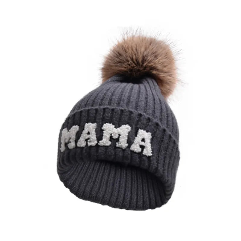 Kunyeah 3Pcs Parent-Child Beanie Hat Mama Papa Baby Matching Hats Winter Warm Cap with Pom-Pom Women Men Knitted Hat