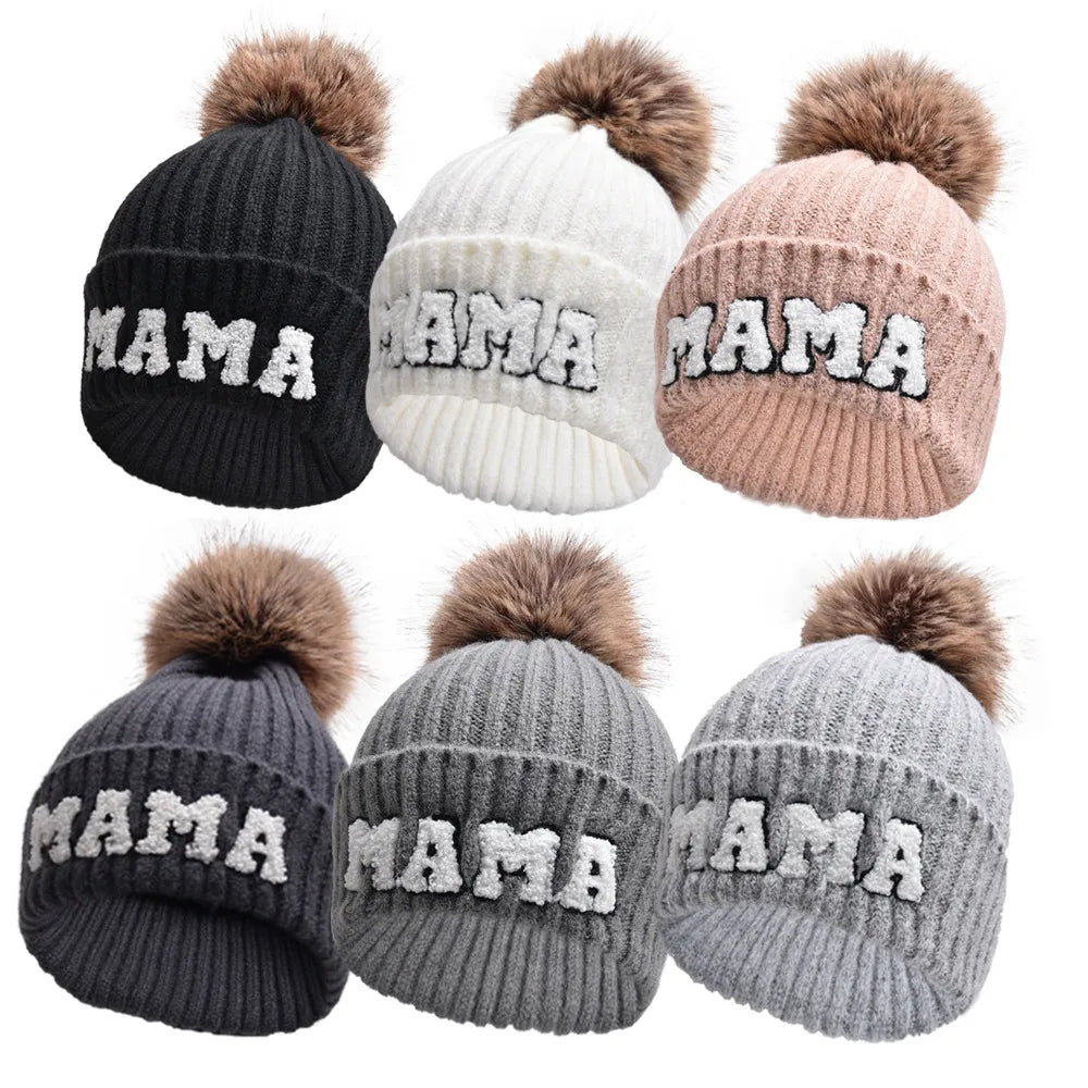 Kunyeah 3Pcs Parent-Child Beanie Hat Mama Papa Baby Matching Hats Winter Warm Cap with Pom-Pom Women Men Knitted Hat