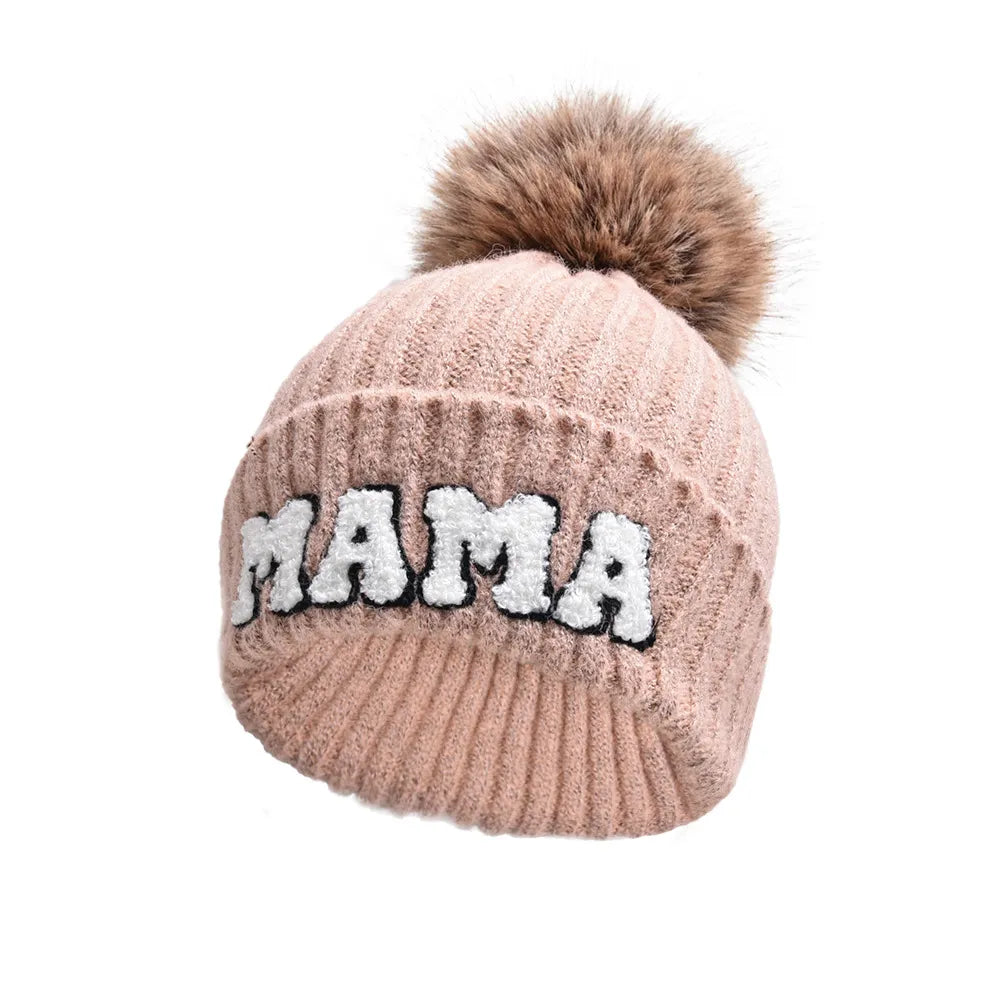 Kunyeah 3Pcs Parent-Child Beanie Hat Mama Papa Baby Matching Hats Winter Warm Cap with Pom-Pom Women Men Knitted Hat