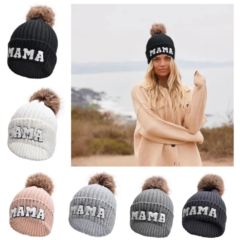 Kunyeah 3Pcs Parent-Child Beanie Hat Mama Papa Baby Matching Hats Winter Warm Cap with Pom-Pom Women Men Knitted Hat