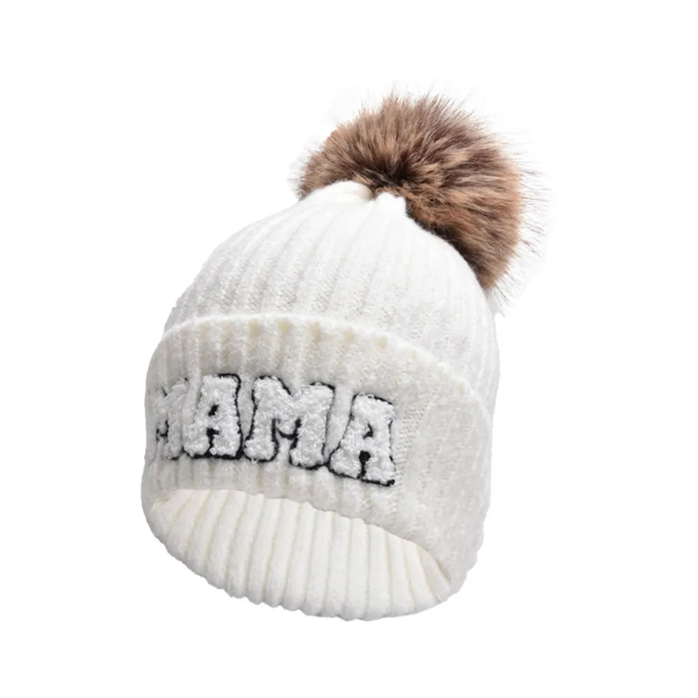 Kunyeah 3Pcs Parent-Child Beanie Hat Mama Papa Baby Matching Hats Winter Warm Cap with Pom-Pom Women Men Knitted Hat