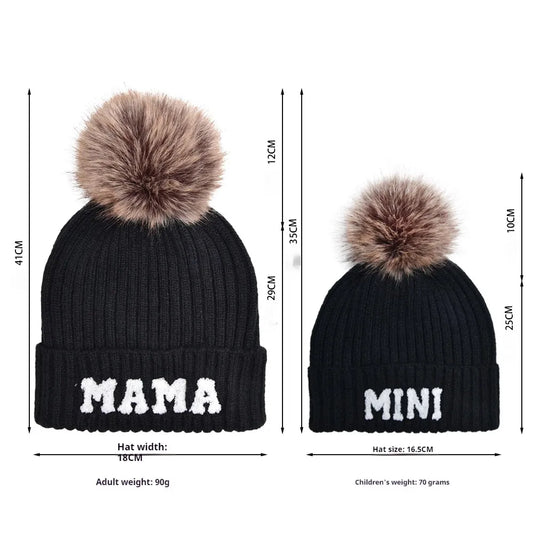 Kunyeah 3Pcs Parent-Child Beanie Hat Mama Papa Baby Matching Hats Winter Warm Cap with Pom-Pom Women Men Knitted Hat