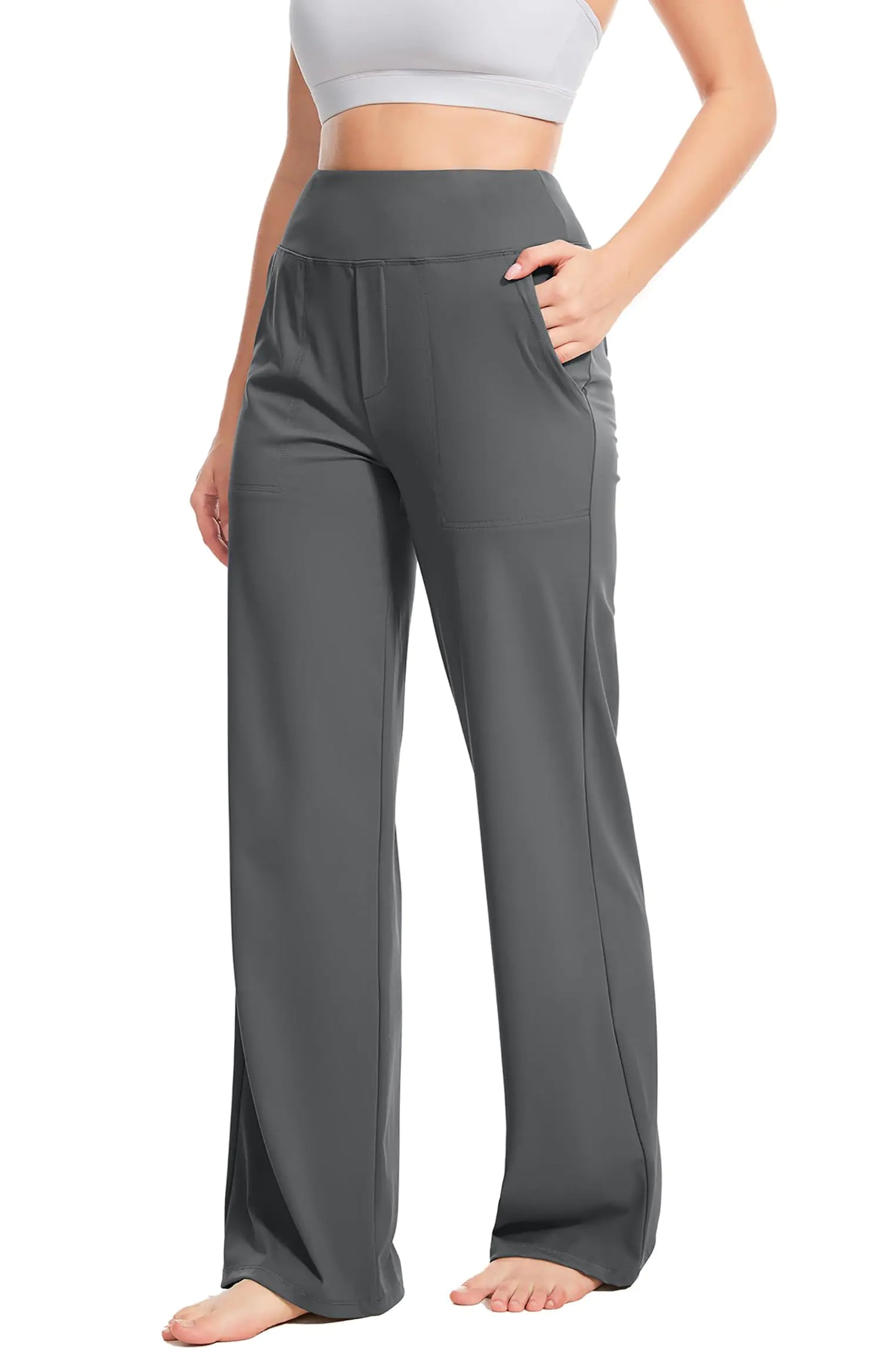 Yoga Pants Women Wide Leg Pants High Waist Stretch Dress Casual Sweatpants Lounge Pants with Pockets 31" Inseam X-Large Gray